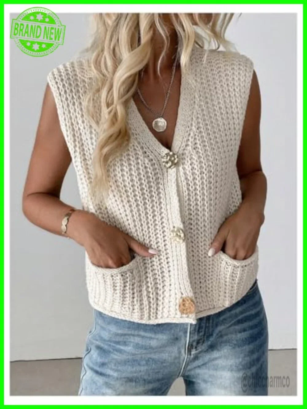 Chunky Knitwear Sleeveless V-Neck Button Up Sweater Vest with Pockets